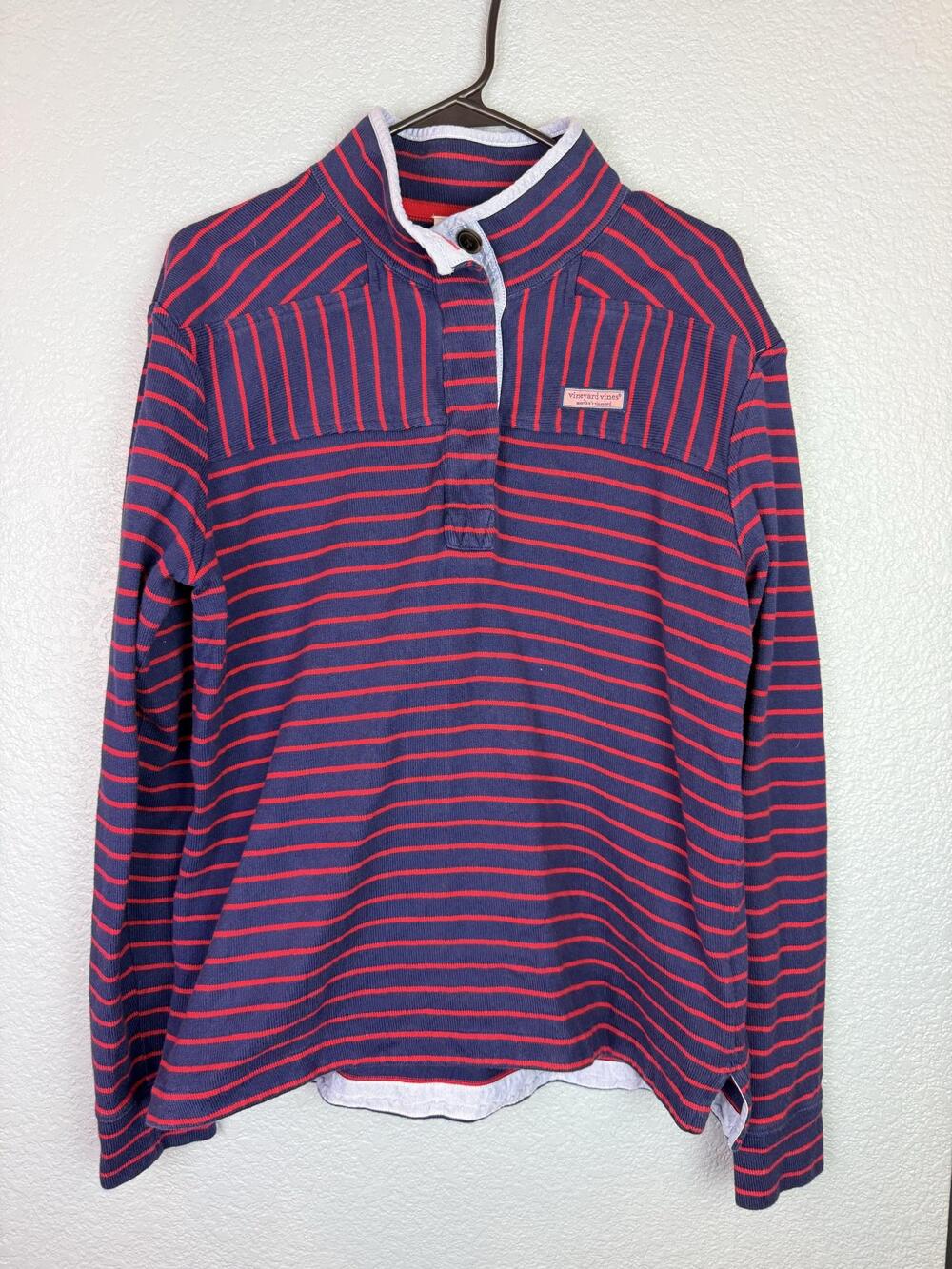 Vineyard Vines Sweater Mens Medium Blue Red Striped Mock Neck Henley Cotton